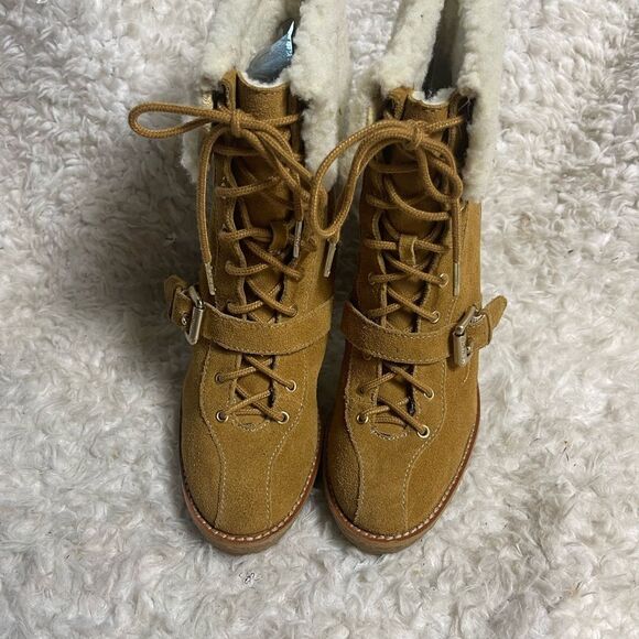 MICHAEL Michael Kors Chestnut leather Suede Sherpa Cuff Laceup  Heel Boots SZ9M - Picture 3 of 10